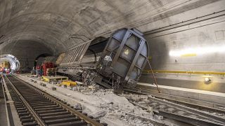 Damaged freight wagons are seen at the scene of the accident in the Gotthard base tunnel near Faido, September 6, 2023