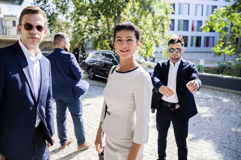 Sahra Wagenknecht, party leader of the Sahra Wagenknecht Alliance (BSW), arrives for a press conference after the state elections in Saxony and Thuringia, in Berlin, Germany 