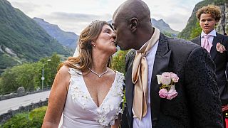 Norway's Princess Martha Louise and Durek Verrett arrive for their wedding party, in Geiranger, Norway, Saturday Aug. 31, 2024.