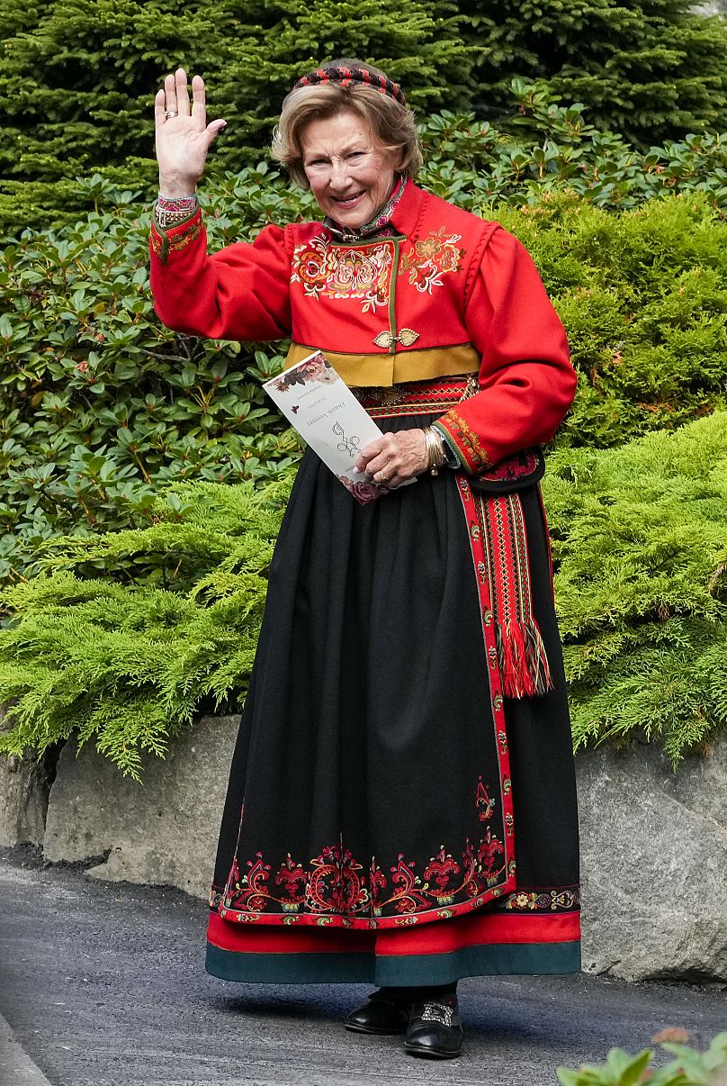 Queen Sonja of Norway attends the wedding of Norway's Princess Martha Louise and Durek Verrett, in Geiranger, Norway, Saturday Aug. 31, 2024.