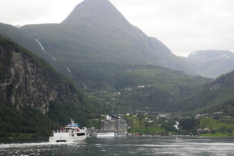 One of the boats transports guests from Alesund to wedding celebrations in Geiranger, Norway, Friday, Aug. 30, 2024, before the wedding ceremony.