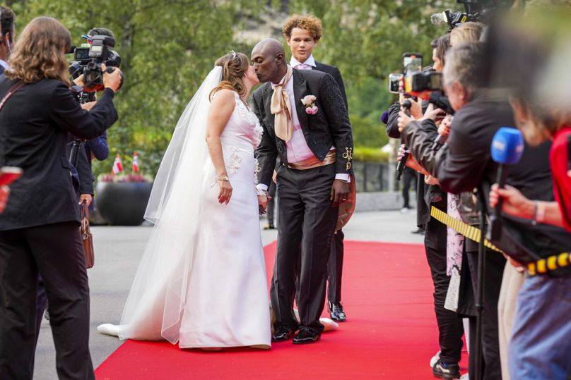 Norway's Princess Martha Louise and Durek Verrett arrive for their wedding party, in Geiranger, Norway, Saturday Aug. 31, 2024.