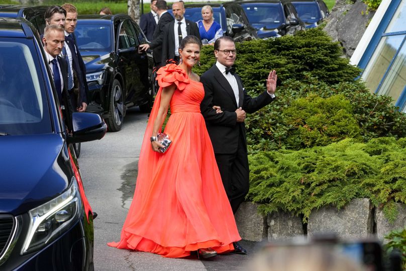 Sweden's Crown Princess Victoria and Prince Daniel of Sweden attend the wedding of Norway's Princess Martha Louise and Durek Verrett, in Geiranger, Norway, Aug. 31, 2024.