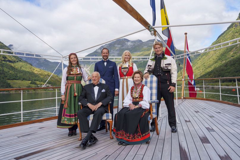 Norway's King Harald and other royal family members aboard the Kingship Norway, before the wedding of Norway's Princess Martha Louise and Durek Verrett. Aug. 31, 2024.