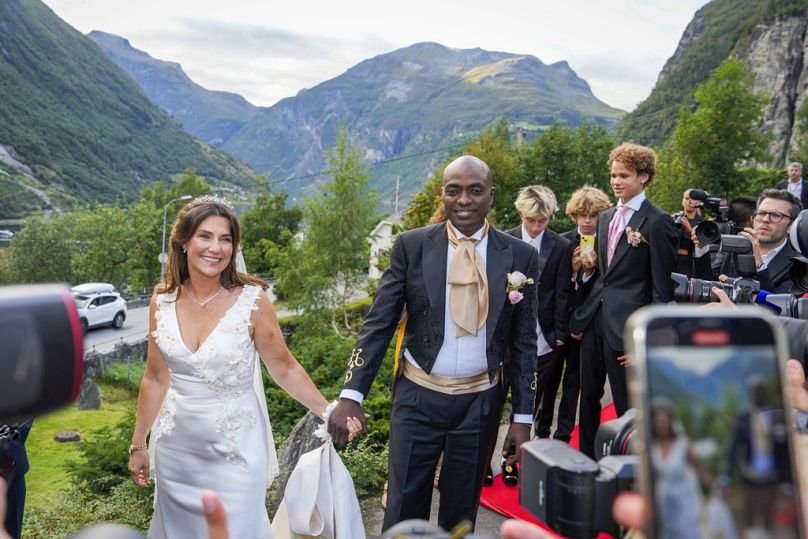 Norway's Princess Martha Louise and Durek Verrett arrive for their wedding party, in Geiranger, Norway, Saturday Aug. 31, 2024.