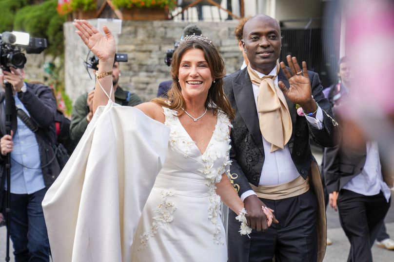 Norway's Princess Martha Louise and Durek Verrett arrive for their wedding party, in Geiranger, Norway, Saturday Aug. 31, 2024.