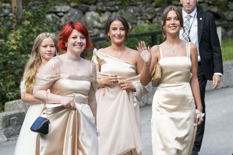 The daughters of Norway's Princess Martha Louise, Maud Angelica Behn, Emma Tallulah Behn and Leah Isadora Behn, in Geiranger, Saturday Aug. 31, 2024.