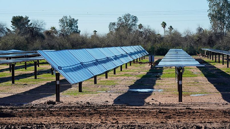 Rows of solar panels sit at Orsted's Eleven Mile Solar Center lithium-ion battery storage energy facility, 29 February 2024, in Coolidge, Arizona.