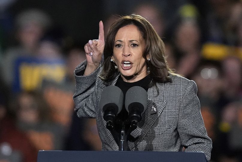 Democratic presidential nominee Vice President Kamala Harris speaks during a campaign rally.