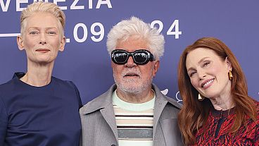 Spanish director Pedro Almodóvar is joined by Tilda Swinton and Julianne Moore at the press conference for his new film 'The Room Next Door'