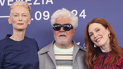 Spanish director Pedro Almodóvar is joined by Tilda Swinton and Julianne Moore at the press conference for his new film 'The Room Next Door'