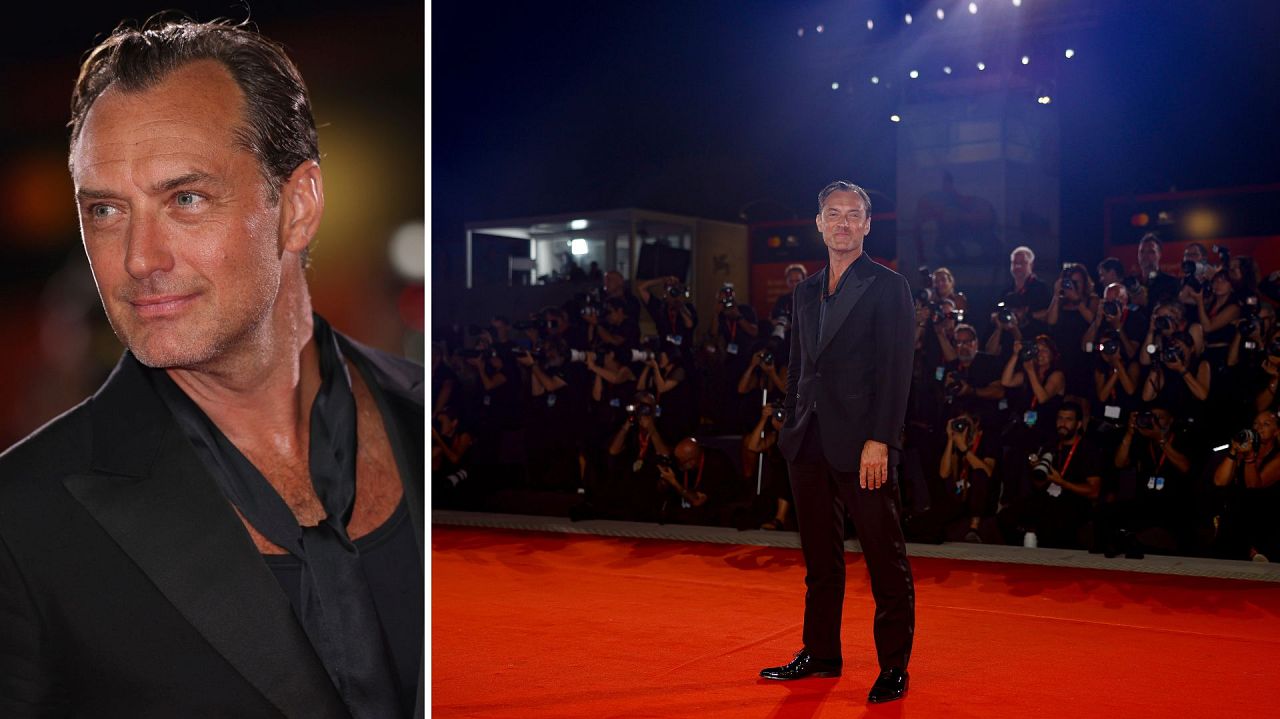 Jude Law pose pour les photographes à son arrivée à la première du film « The Order ».