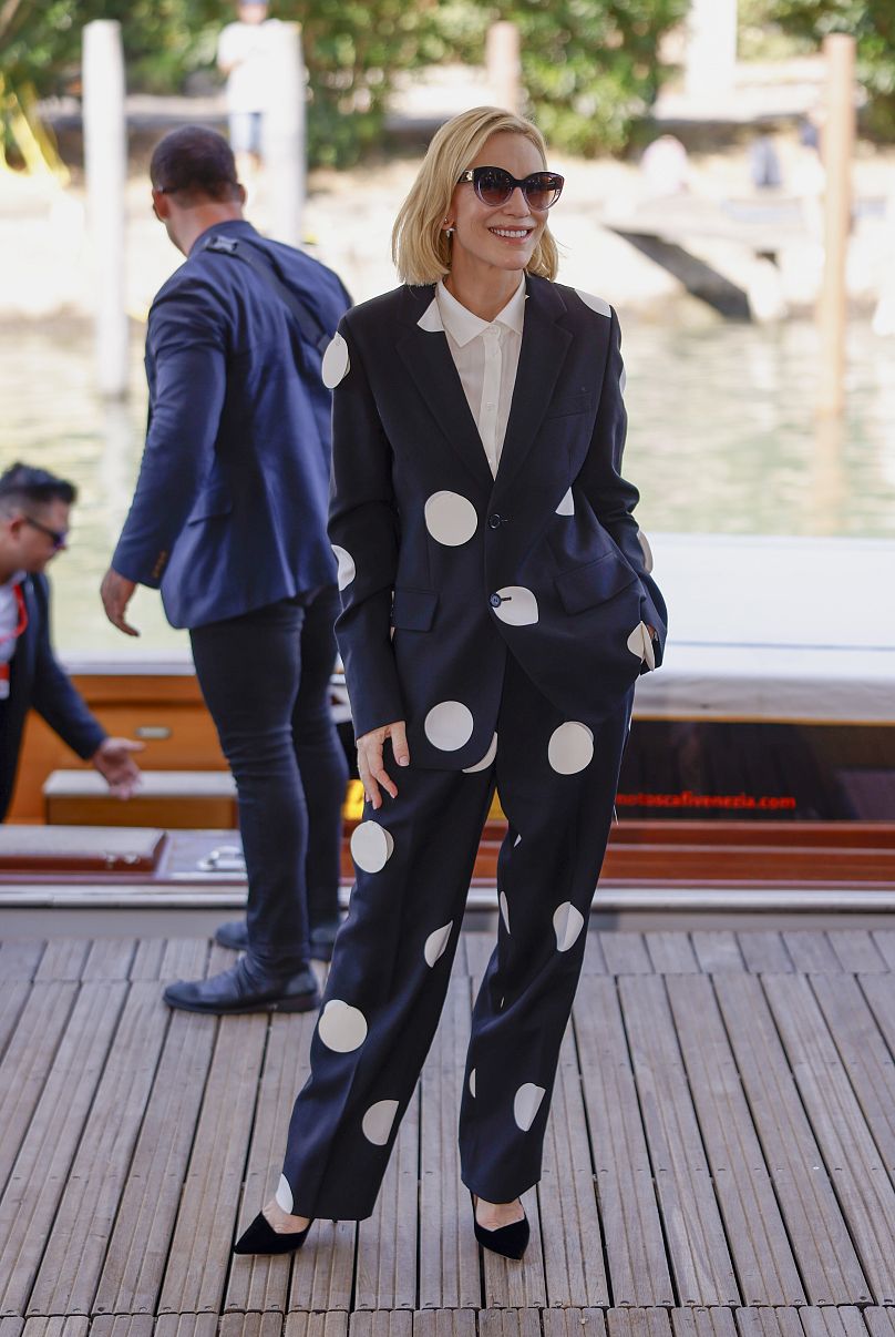 Cate Blanchett poses for photographers upon arrival for the press conference of the television series 'Disclaimer' during the 81st edition of the Venice Film Festival 