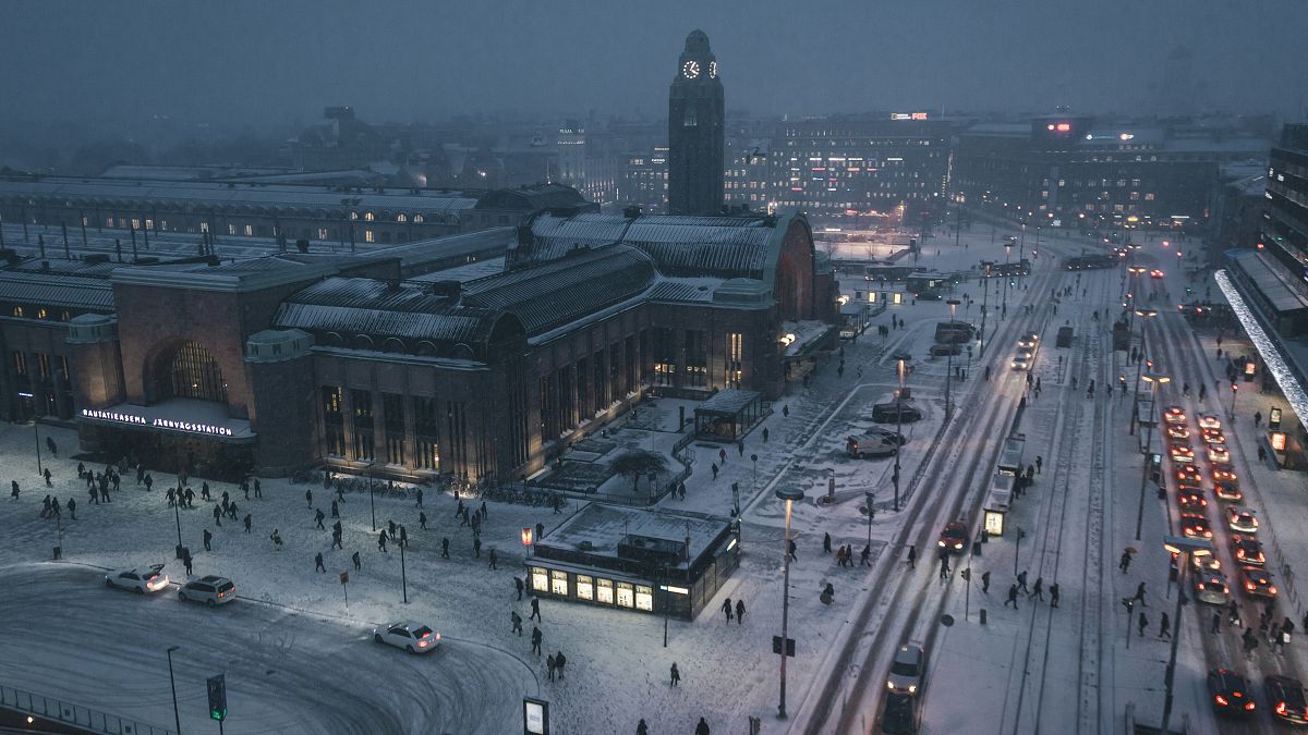 Aerial view of a snow-covered street in Helsinki, Finland