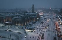 Aerial view of a snow-covered street in Helsinki, Finland