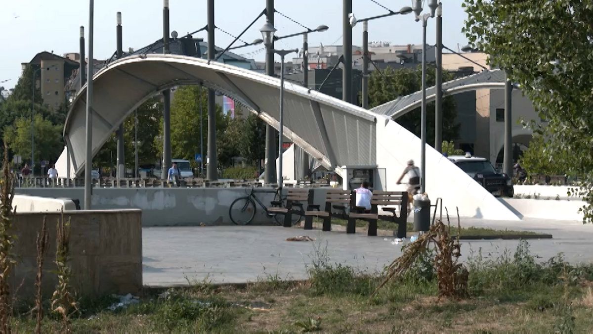 Bridge dividing ethnic Albanian and Serbian groups in the Kosovan city of Mitrovica.