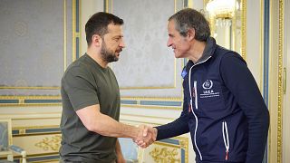 Ukrainian President Volodymyr Zelenskyy, left, shakes hands with Director General of the International Atomic Energy Agency (IAEA), Rafael Mariano Grossi in Kyiv, Ukraine.