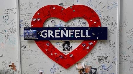 PHOTO DE FICHIER - Des hommages sont placés près de la tour Grenfell à Londres, dimanche 14 juin 2020.