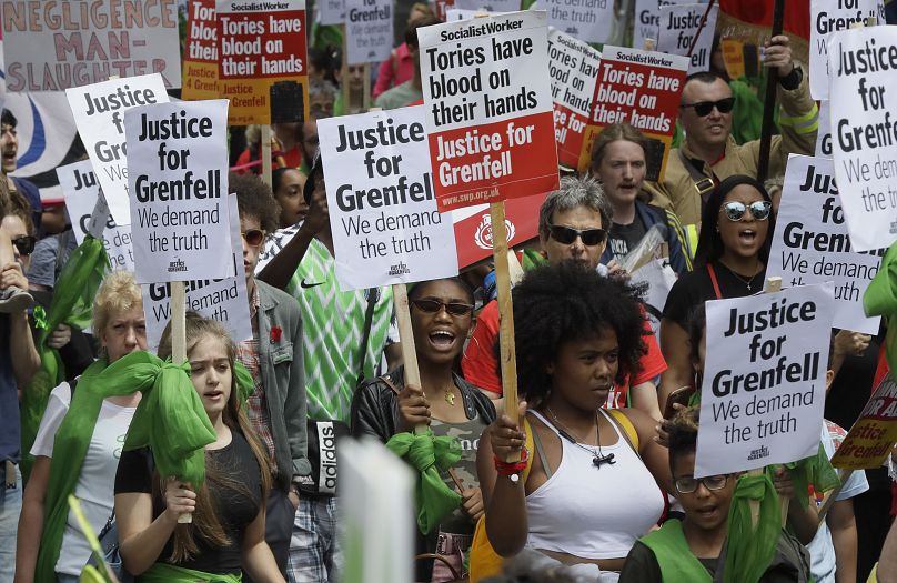 Demonstrators march in the Grenfell fire one year anniversary solidarity march organized by Justice4Grenfell and the Fire Brigade's Union, in London, June 16, 2018.