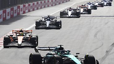 Drivers compete during the Formula One Grand Prix at the Baku circuit, in Baku, Azerbaijan, Sunday, April 30, 2023