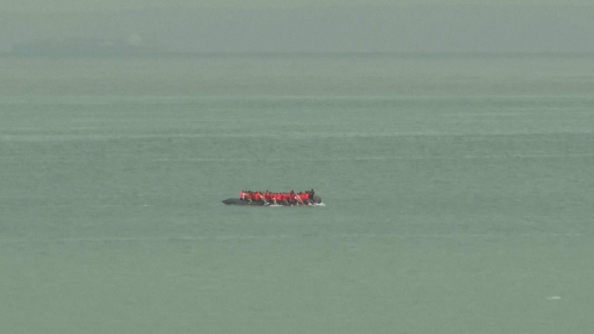 Migrants on an inflatable boat seen attempting to cross the English Channel and seen from ashore Wimereux, France, Wednesday, 4 September, 2024.