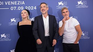 Lady Gaga, director Todd Phillips and Joaquin Phoenix at the photo call for 'Joker: Folie à Deux', premiering at Venice Film Festival.