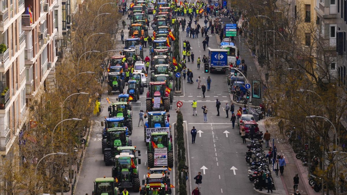 Spanish farmers protest in Madrid in January 2024, a scene repeated across the EU amid a backlash against low income, red tape, and EU environmental rules