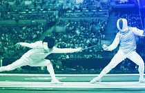 China's Wu Bin competes with France's Julien Mertine in the men's team foil quarterfinal match during the 2024 Summer Olympics in Paris, August 2024