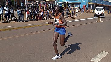 Rebecca Cheptegei, competes at the Discovery 10km road race in Kapchorwa, Uganda, Jan. 20, 202