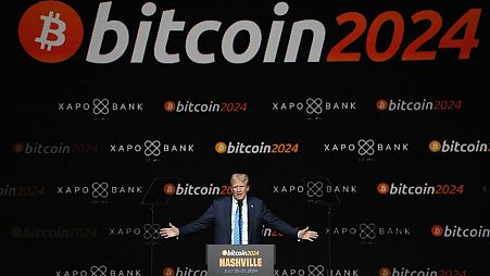 Republican presidential nominee former President Donald Trump speaks at the Bitcoin 2024 Conference in Nashville, US. 27 July 2024.