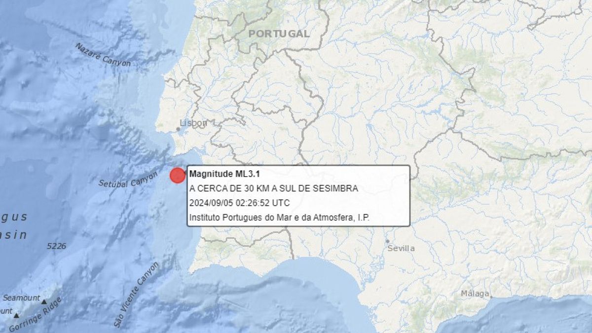 Situación del epicentro de magnitud 3.0 cerca de Sesimbra