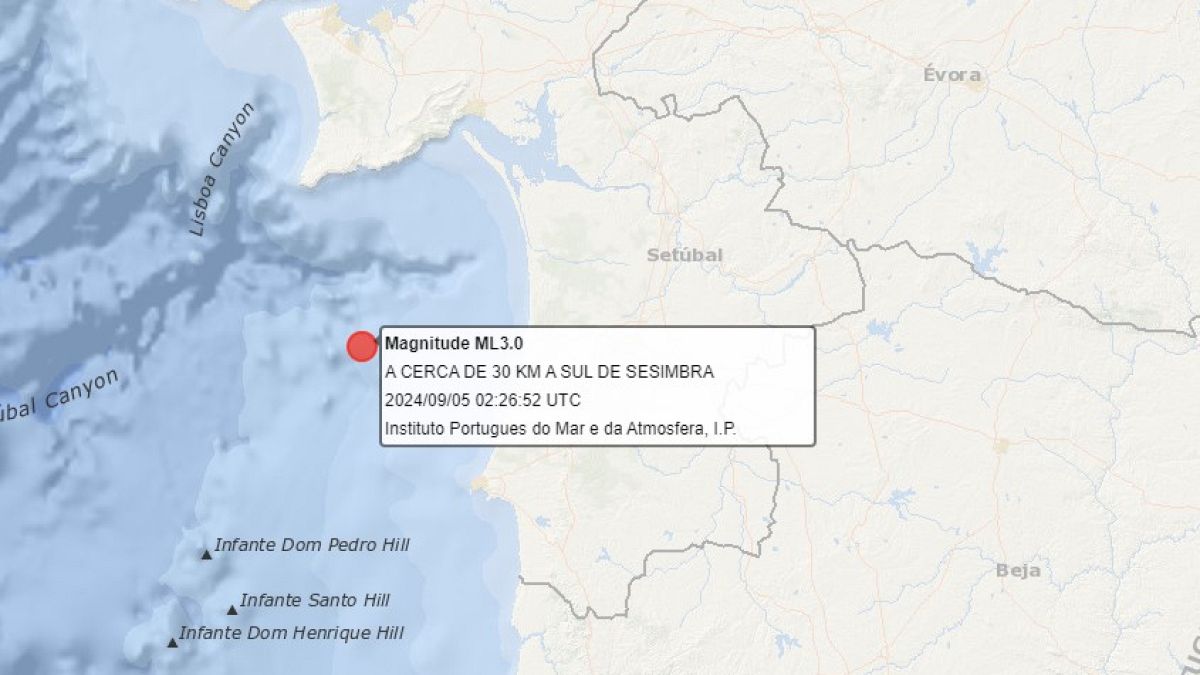 Registado sismo de magnitude 3,0 com o epicentro ser registado a 30 quilómetros a sul de Sesimbra