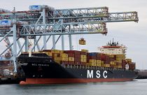 A Mediterranean Shipping Company container ship docked at the Conley Terminal, Friday, March 17, 2023, in Boston. (AP Photo/Michael Dwyer)