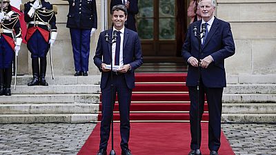 Passation de pouvoir entre Gabrilel Attal et Michel Barnier nommé Premier ministre par Emmanuel Macron, jeudi 5 septembre.