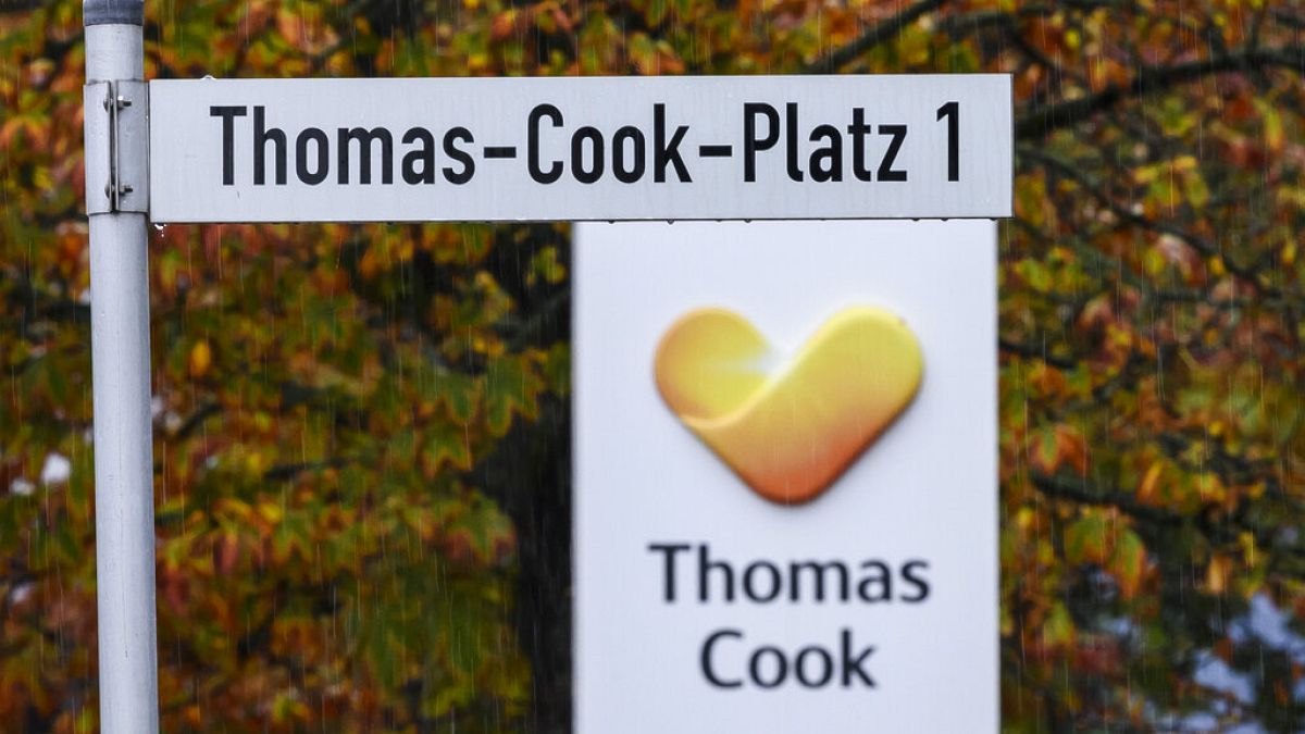 A street sign reading 'Thomas-Cook-Square 1' at the entrance of the German headquarters of the company in Oberursel near Frankfurt. 23 Sept. 2019.