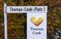 A street sign reading 'Thomas-Cook-Square 1' at the entrance of the German headquarters of the company in Oberursel near Frankfurt. 23 Sept. 2019.