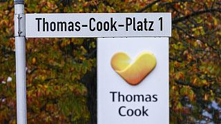 A street sign reading 'Thomas-Cook-Square 1' at the entrance of the German headquarters of the company in Oberursel near Frankfurt. 23 Sept. 2019.