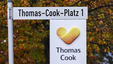 A street sign reading 'Thomas-Cook-Square 1' at the entrance of the German headquarters of the company in Oberursel near Frankfurt. 23 Sept. 2019.