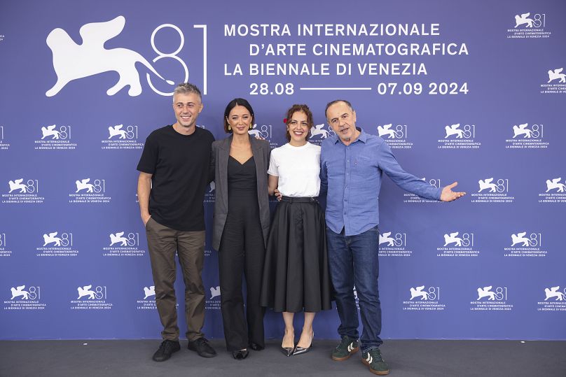 Ia Sukhitashvili, Dea Kulumbegashvili and Merab Ninidze pose at the photo call for 'April' during the 81st Venice Film Fest.