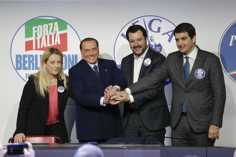 Brothers of Italy's Giorgia Meloni, Forza Italia's Silvio Berlusconi, Lega's Matteo Salvini, and Raffaele Fitto, leader of Us with Italy in Rome, 1 March 2018