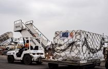 Mpox vaccines manufactured by the Danish company Bavarian Nordic are offloaded from a plane in Kinshasa, September 5, 2024