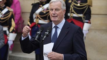 New French prime minister Michel Barnier delivers a speech during the handover ceremony in Paris, September 5, 2024