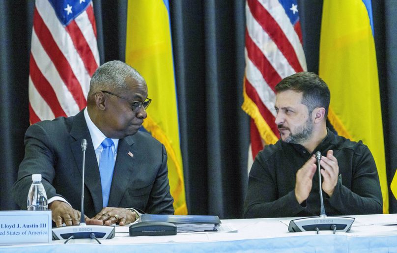 Defence Secretary Lloyd Austin, left and Ukrainian President Volodymyr Zelenskyy at the Ukraine Contact Group meeting at Ramstein Air Base, Friday, Sept.6, 2024. 