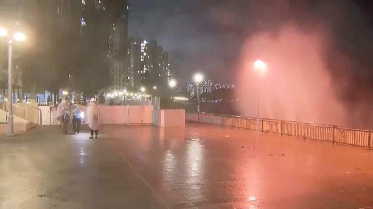 Waves hitting shoreline of Hong Kong island