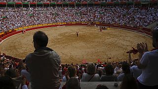 A horseback bullfight at San Fermin Fiestas in Pamplona, northern Spain, Saturday, July 6, 2023.