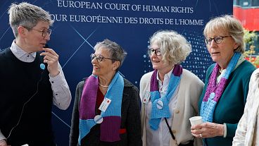 Swiss members of Senior Women for Climate gather after the European Court of Human Rights' ruling, Tuesday, 9 April, 2024.