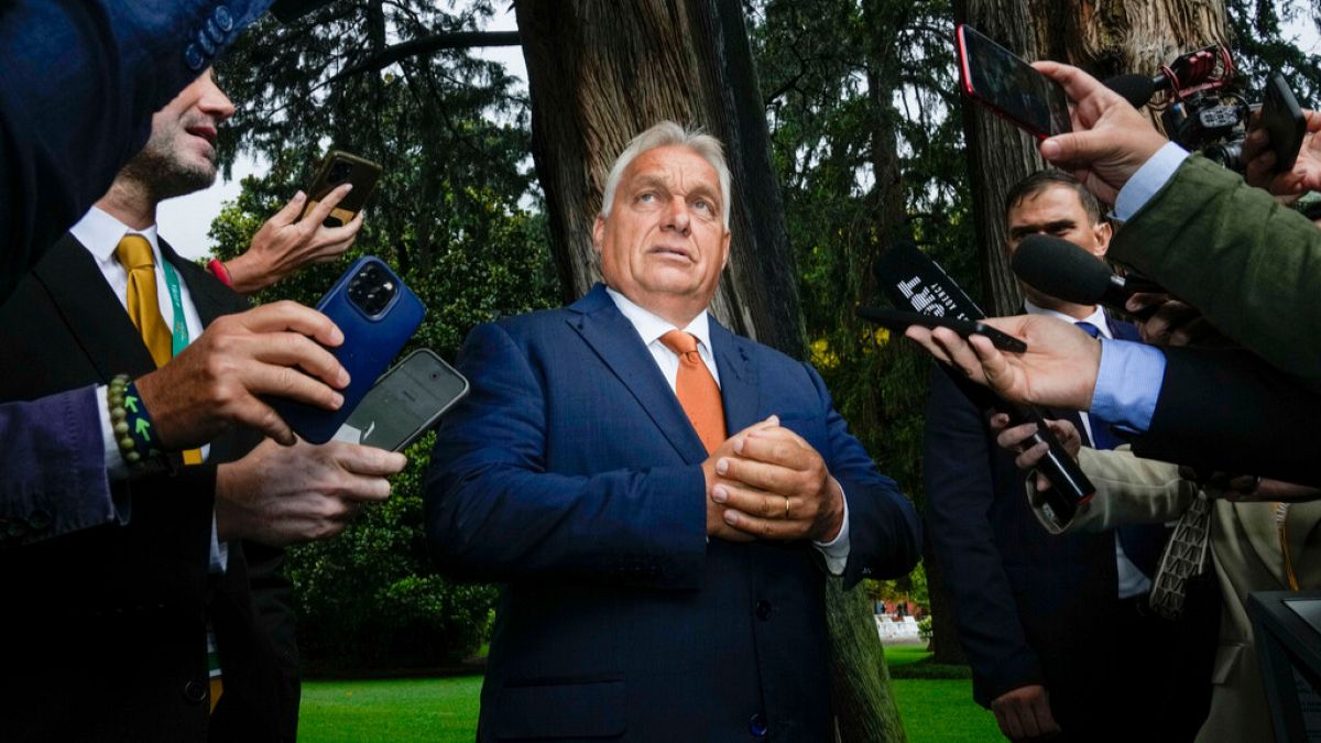 Hungarian Prime Minister Viktor Orban talks to reporters at The European House Ambrosetti (TEHA) economic forum in Cernobbio, Como Lake, Italy, Friday, Sept. 6, 2024.