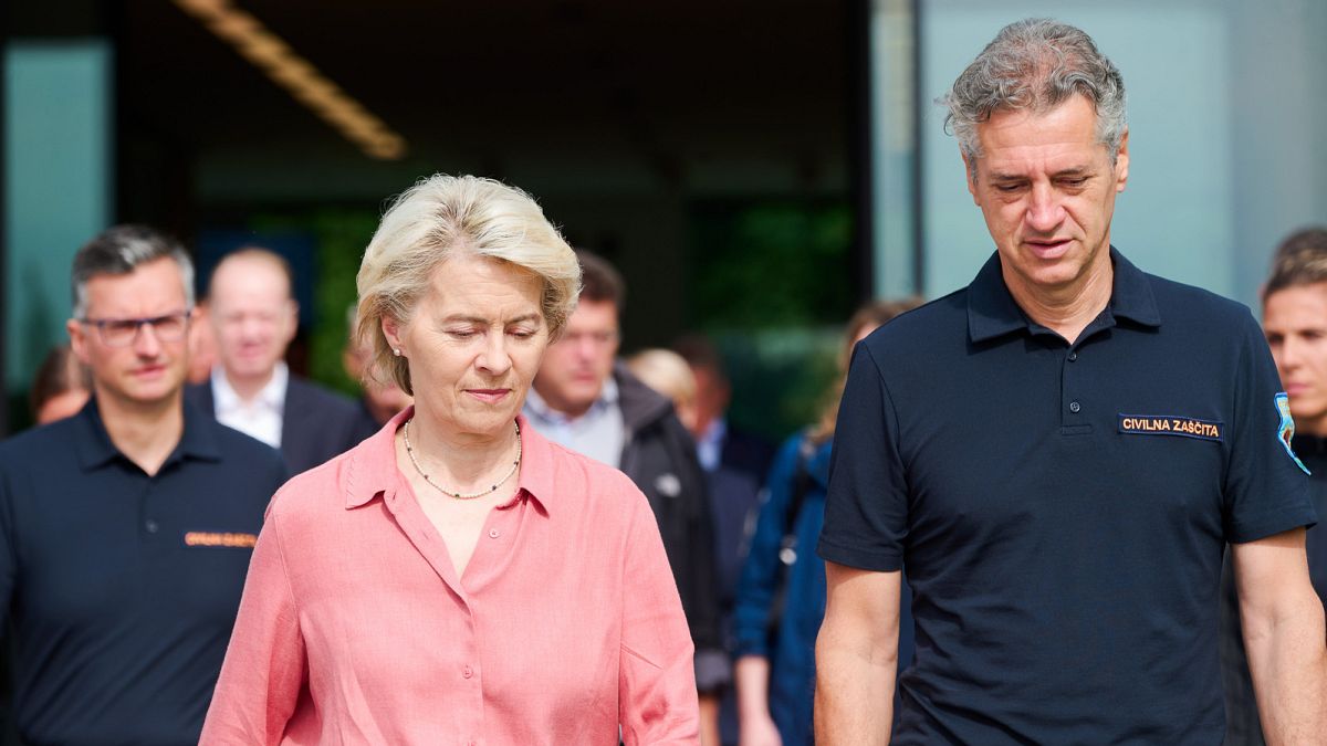 Ursula von der Leyen, left, and Slovenian prime minister Robert Golob, right