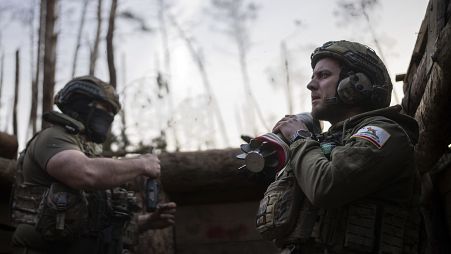 Ukrainian servicemen from the Azov Brigade on the frontline in the Donetsk region, April 12, 2024