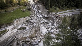 A road is blocked in Eisten after a landslide following severe weather, September 6, 2024